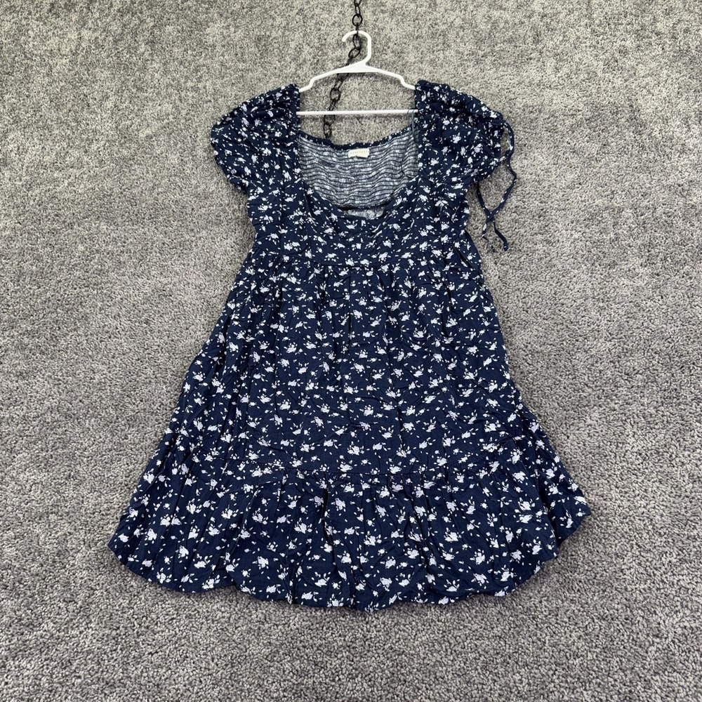 Aeropostale Sundress Womens XL Blue Floral Smocked Scoop Neck Ruffle Hem